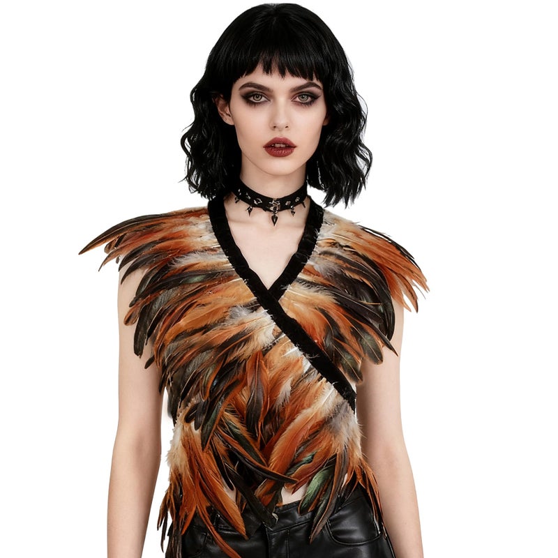L'VOW Feather Boa Ribbon Punk Gothic Shawl Crow Witch Costume for Halloween(Brown) - Image 1